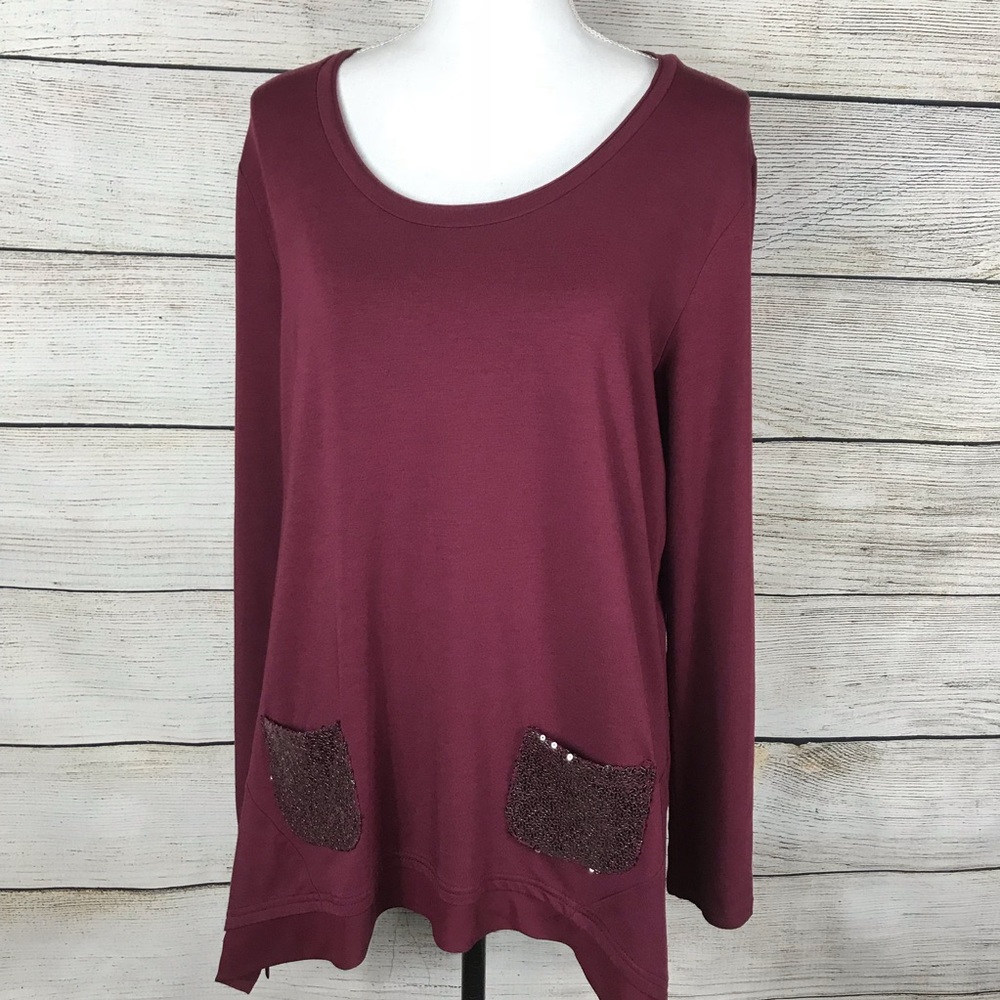 LOGO maroon long sleeve tunic top with silver sequin pocket detail